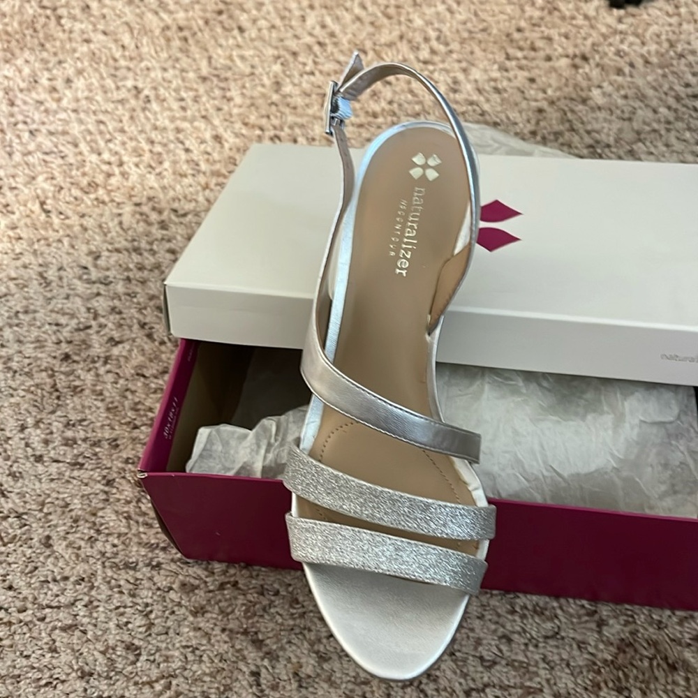Strappy silver dress heel